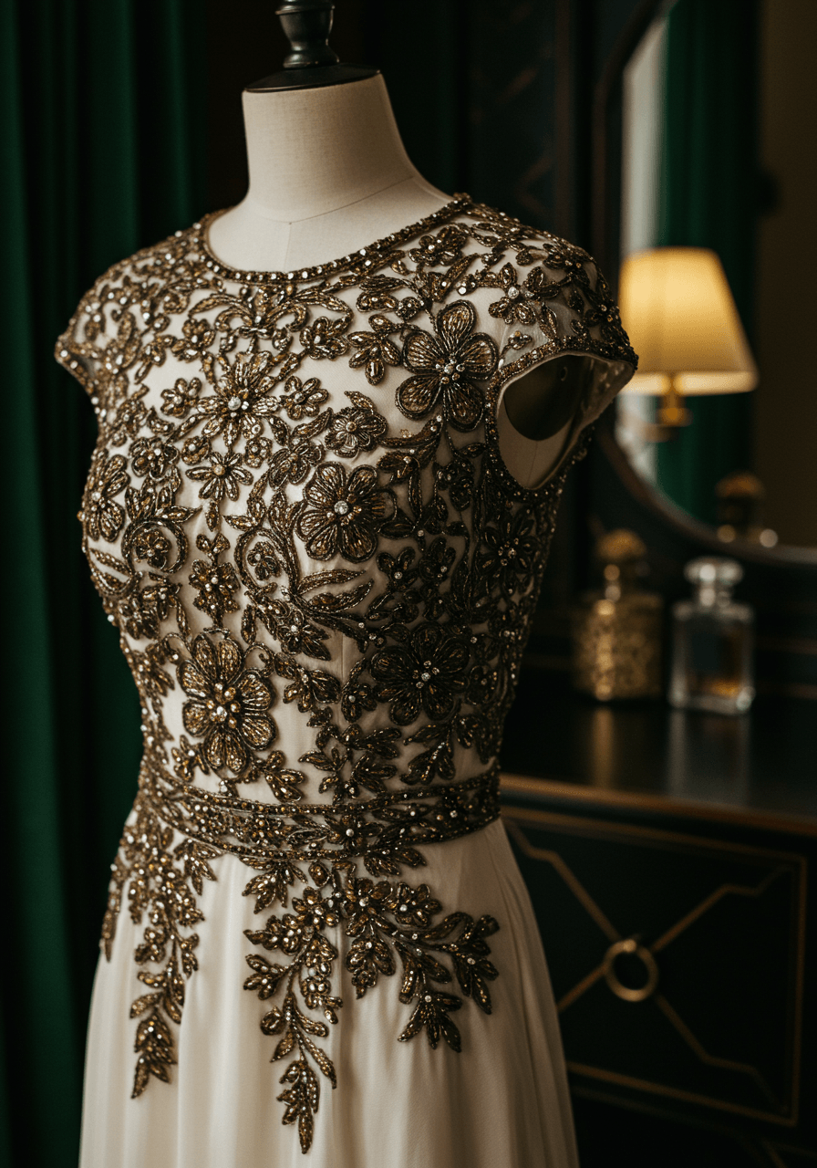 Close-up detail of wedding dress bodice featuring elaborate bronze and antique gold Art Deco embellishments with delicate cap sleeves