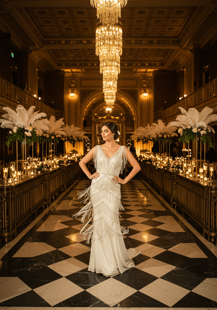 Bride showcasing ivory silk drop-waist wedding gown with Art Deco beading while dancing in luxurious ballroom setting