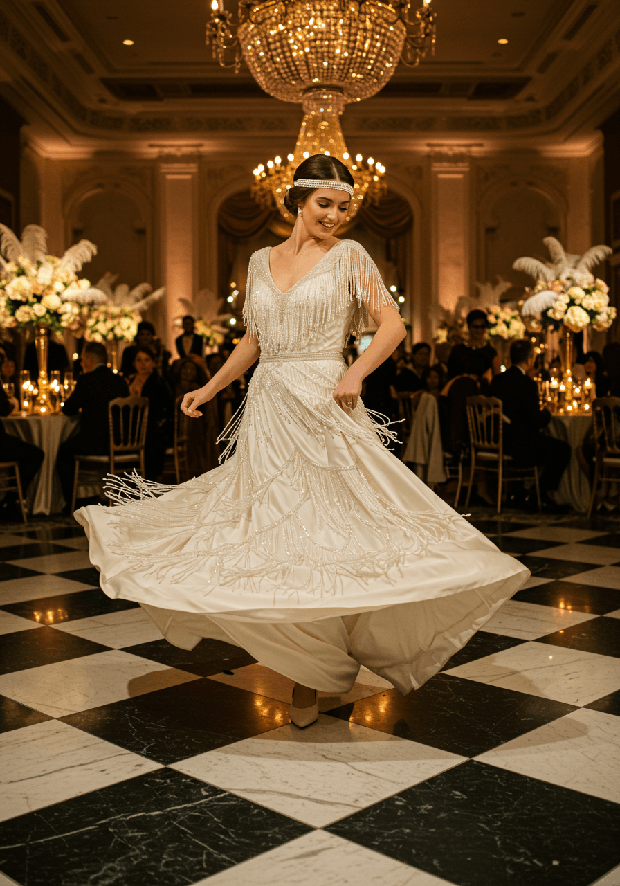 Bride performing Charleston dance in heavily embellished ivory drop-waist wedding gown with beaded fringes on checkered marble floor