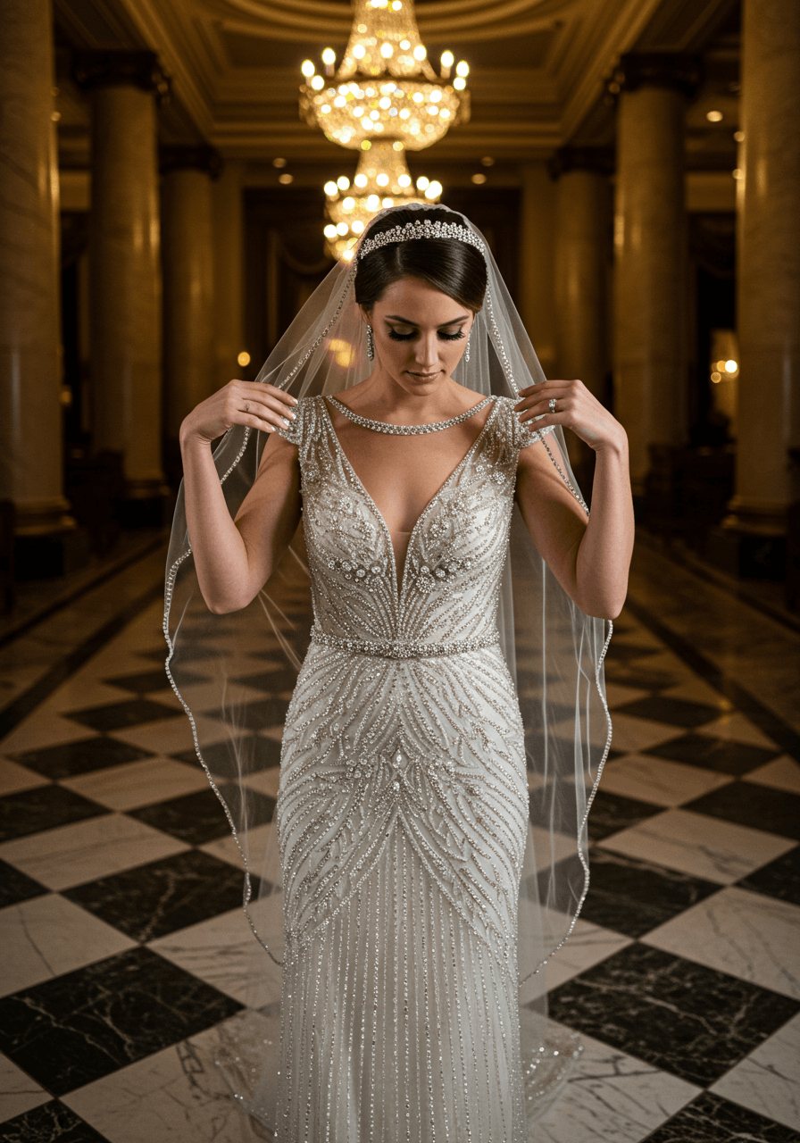 Bride wearing silver and ivory Art Deco wedding dress with intricate crystal detailing in opulent ballroom with dramatic lighting