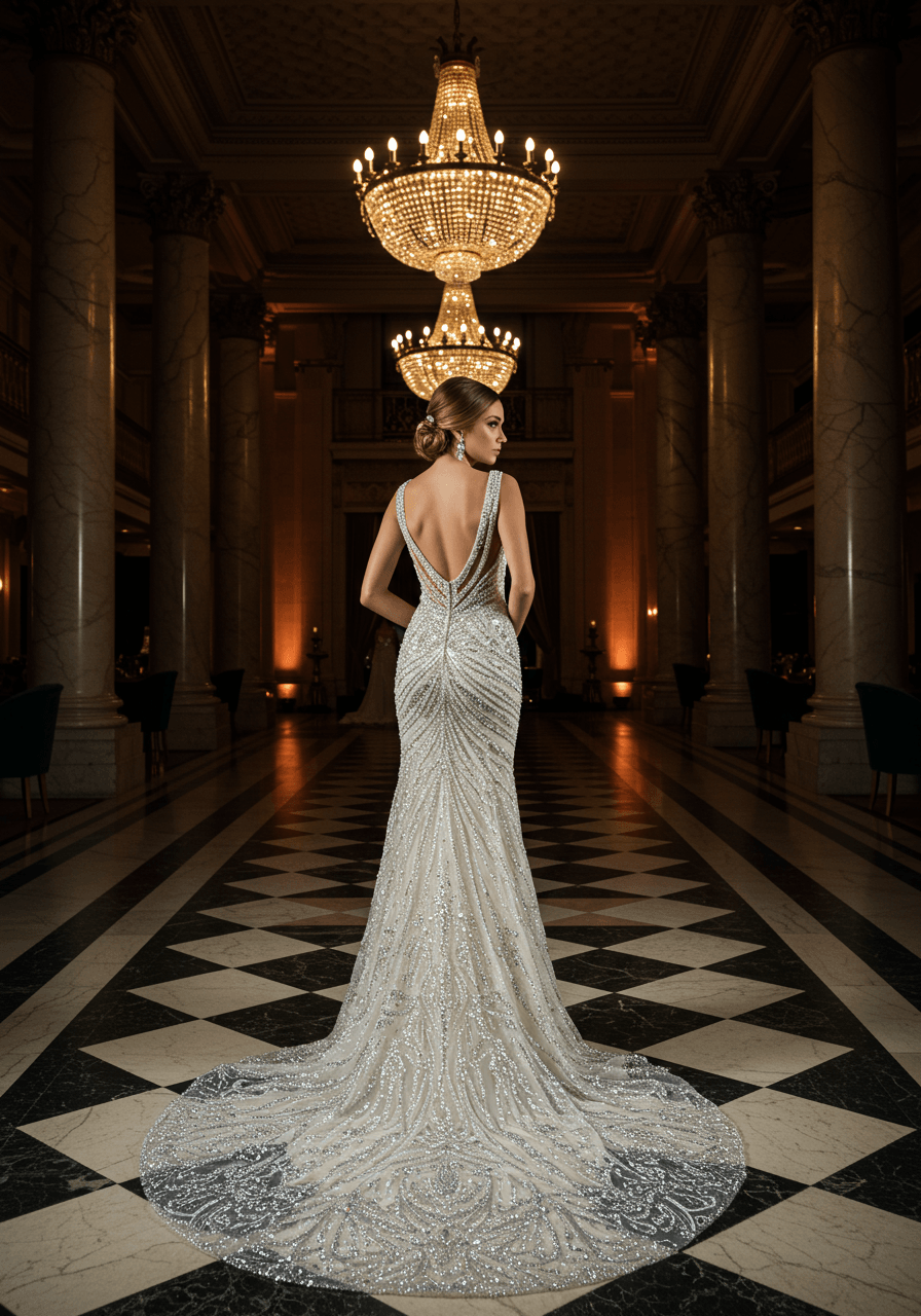 Bride in heavily crystal-encrusted Art Deco column wedding dress in grand ballroom with geometric marble floors and towering pillars