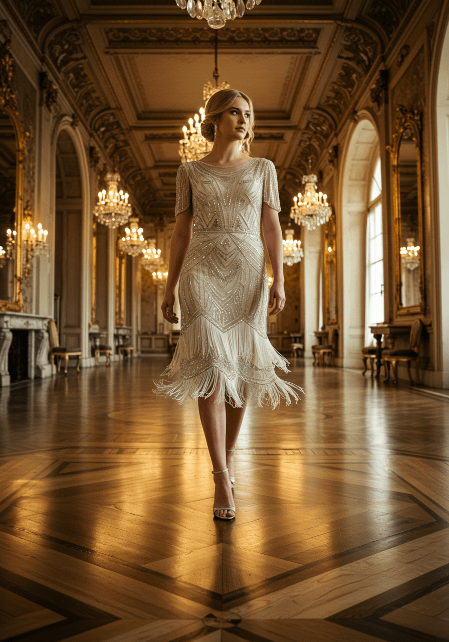 Bride in heavily embellished flapper-style wedding gown with flowing fringe details in luxurious Art Deco ballroom setting