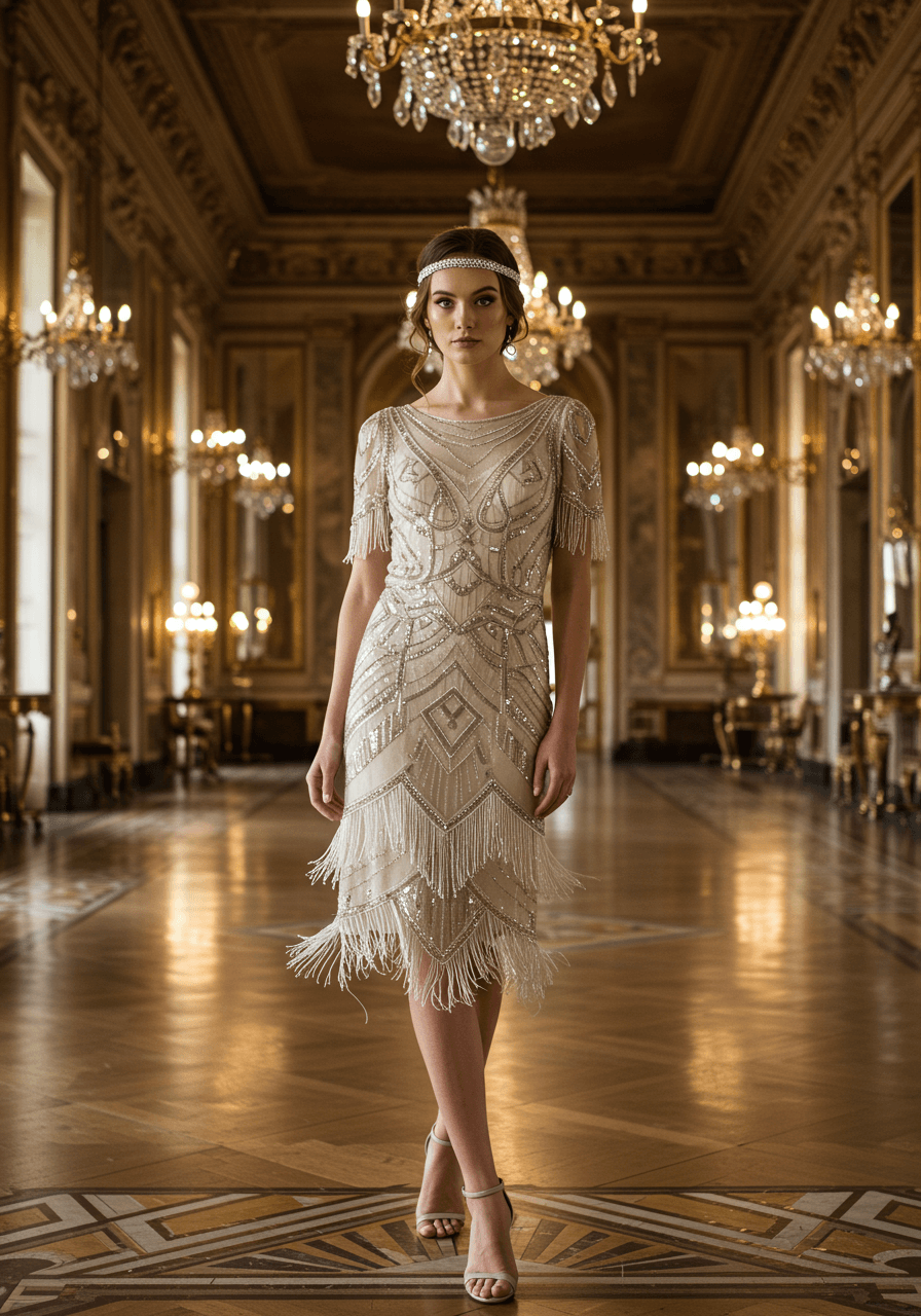 Bride in knee-length sequined flapper wedding gown with Art Deco beading standing in 1920s ballroom with crystal chandeliers during golden hour