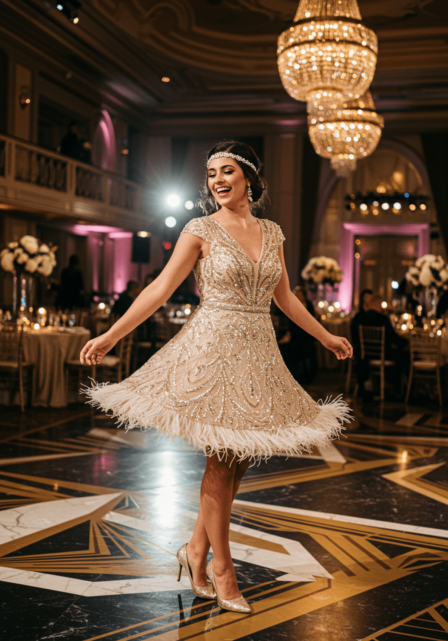 Bride in heavily sequined flapper wedding dress performing spirited dance moves in Art Deco ballroom with golden lighting