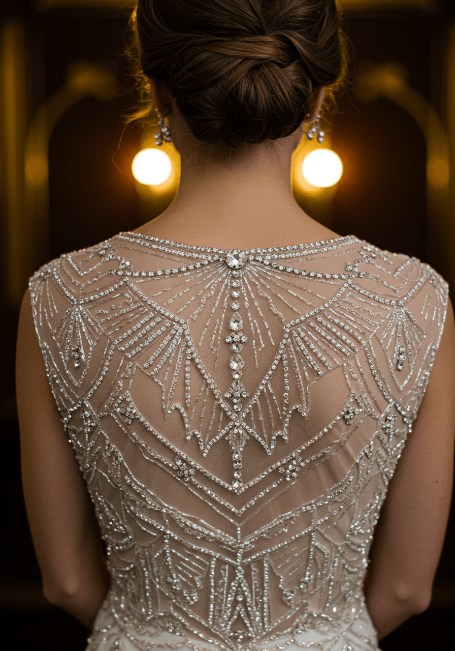 Close-up detail of Art Deco wedding dress bodice featuring intricate geometric beading with sunburst and chevron patterns in shimmering silver and crystal