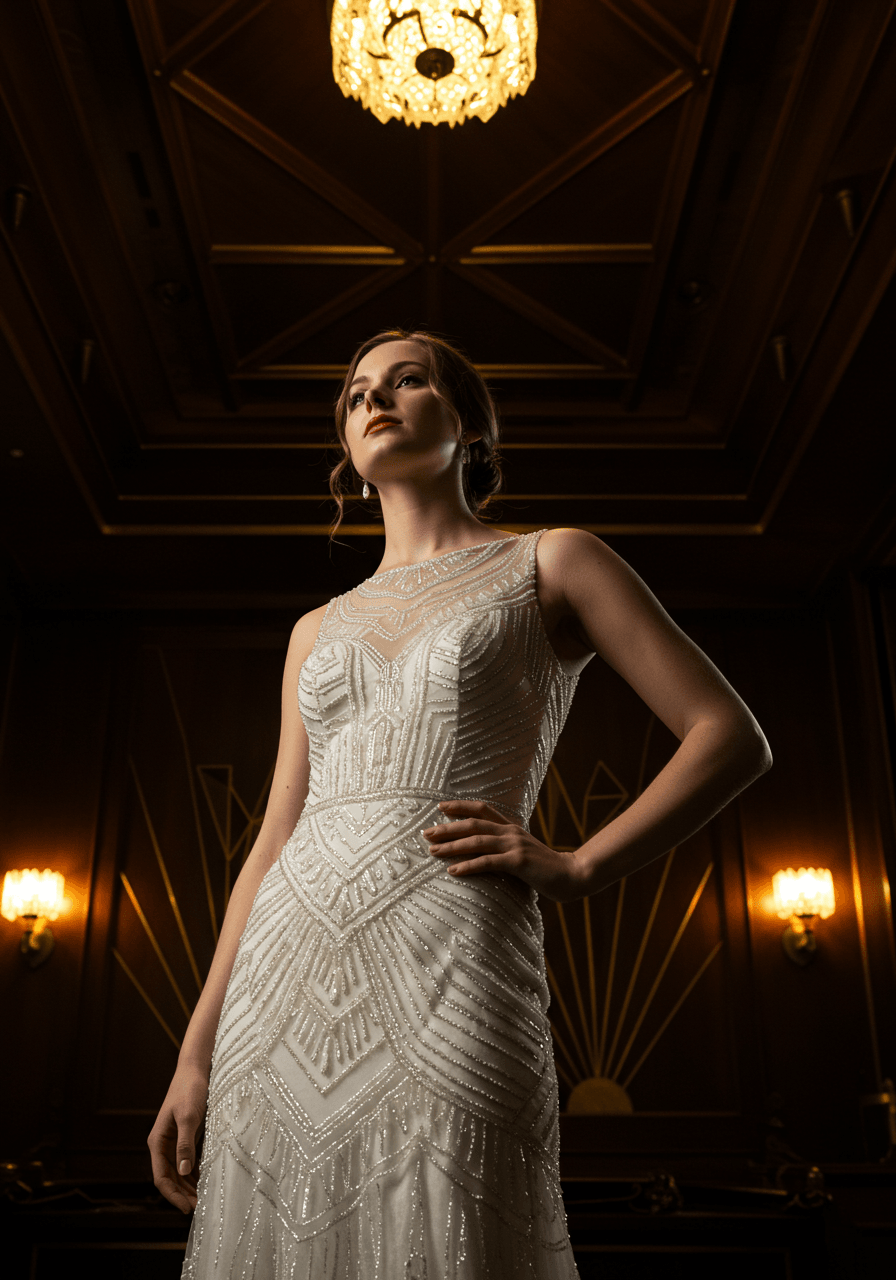 Bride in Art Deco beaded wedding gown standing gracefully at base of grand black marble staircase with gilded geometric railings in luxurious mansion