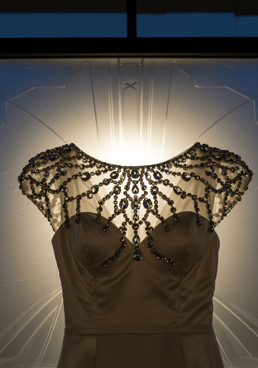 Detail shot of crystal-adorned wedding dress with sculptural shoulder elements and geometric beading in twilight lighting