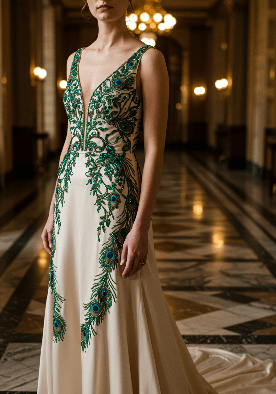 Bride in champagne silk wedding dress with Art Nouveau peacock feather beadwork in 1920s ballroom with geometric marble floors
