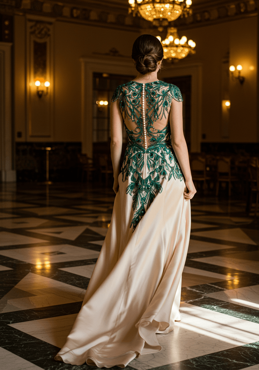 Bride in Art Nouveau-inspired wedding dress with peacock feather beading posed in luxurious 1920s ballroom setting