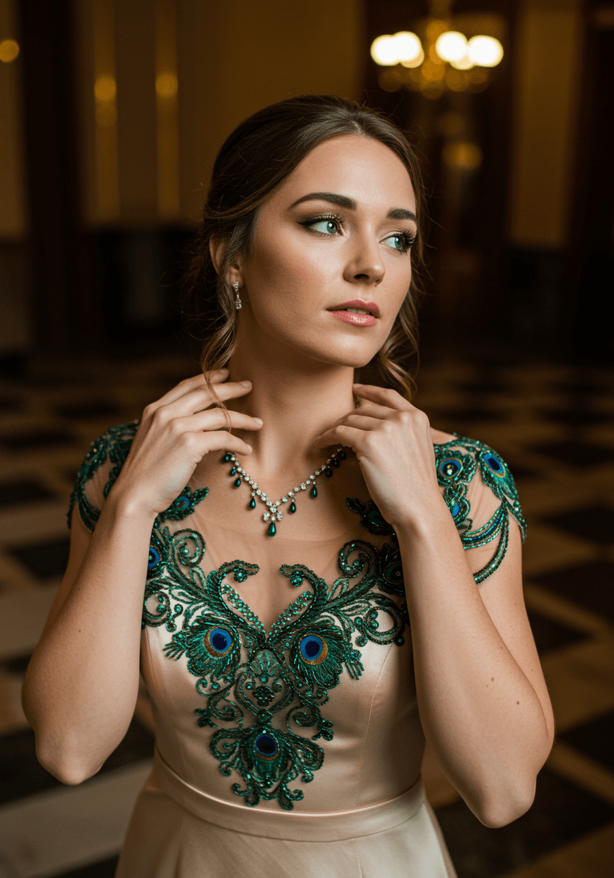 Bride showcasing champagne silk wedding dress with organic Art Nouveau beadwork in opulent ballroom with brass fixtures