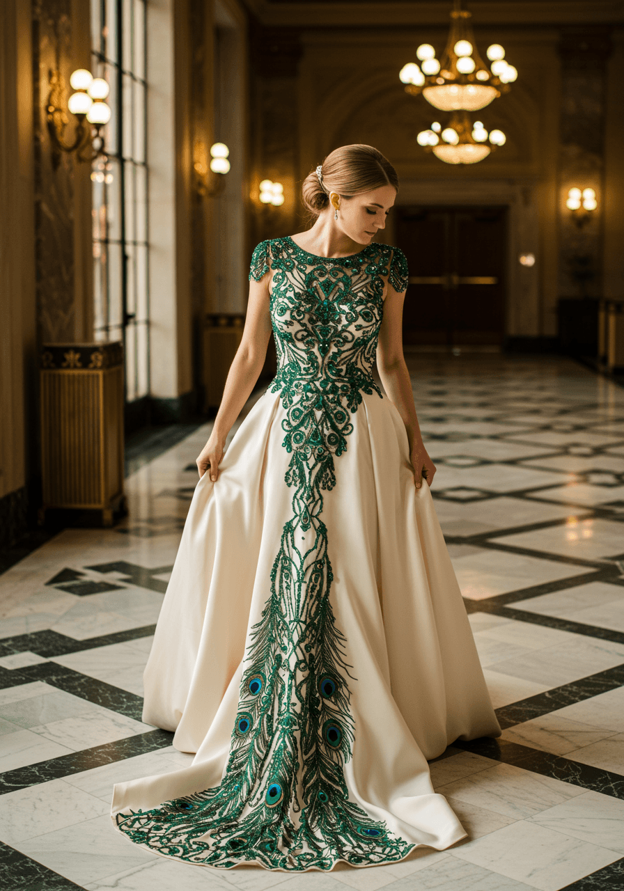 Bride wearing lustrous silk Art Nouveau wedding gown with sinuous vine motifs and peacock details in Art Deco ballroom
