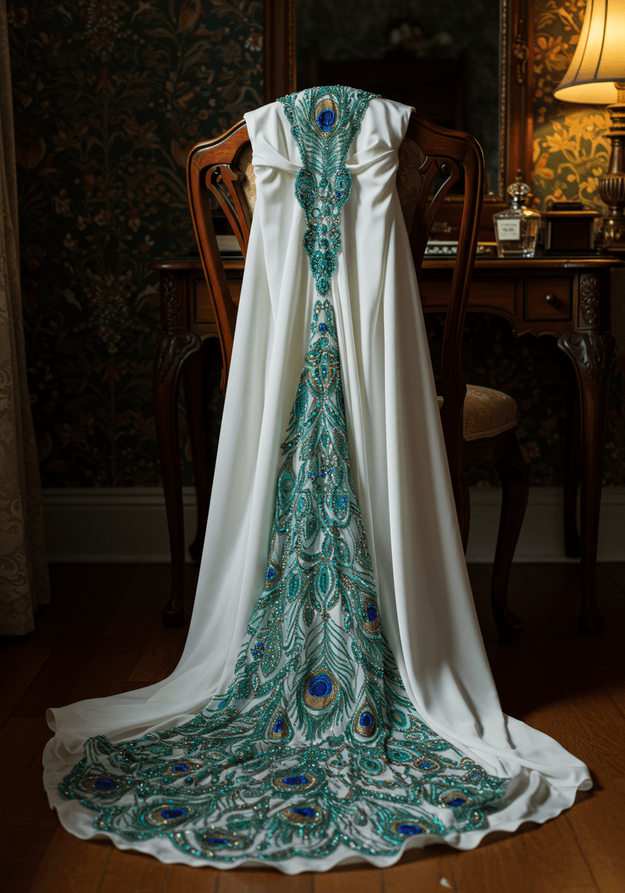 Close-up of Art Nouveau wedding dress back panel showing intricate peacock feather beadwork in warm ambient lighting