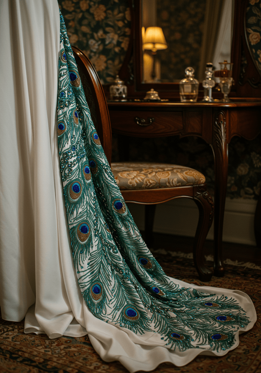 Back view of charmeuse silk wedding dress featuring Art Nouveau peacock feather beadwork draped over ornate mahogany vanity chair