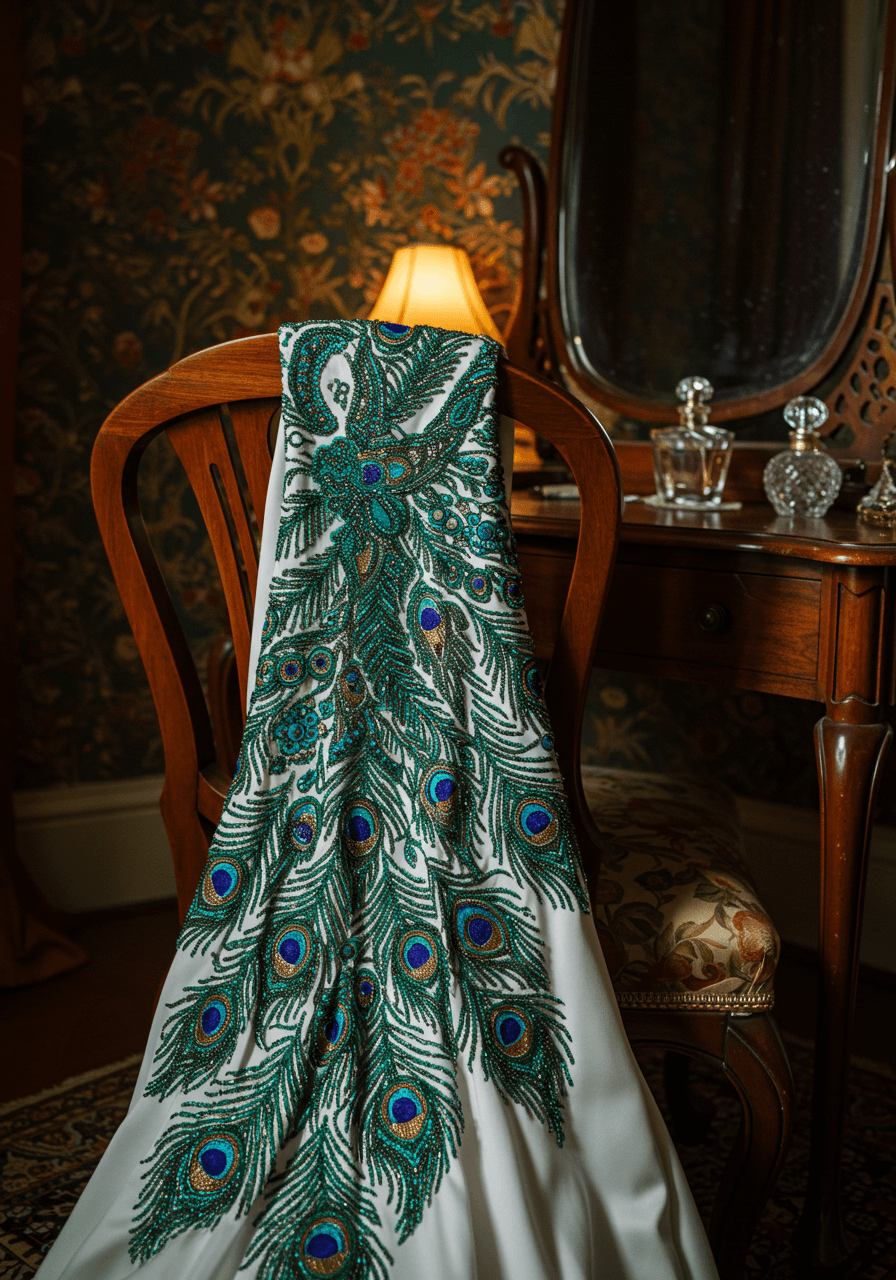 Silk charmeuse wedding gown with botanical Art Nouveau beading draped elegantly over carved wooden chair in vintage boudoir