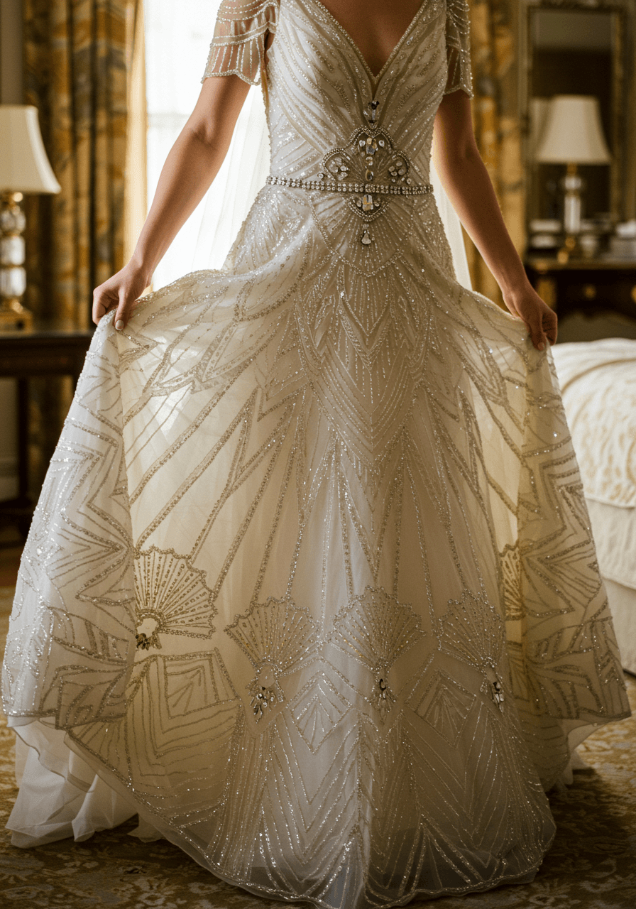 Bride in heavily beaded Art Deco wedding dress with geometric patterns and delicate shoulder straps in mirrored bridal suite
