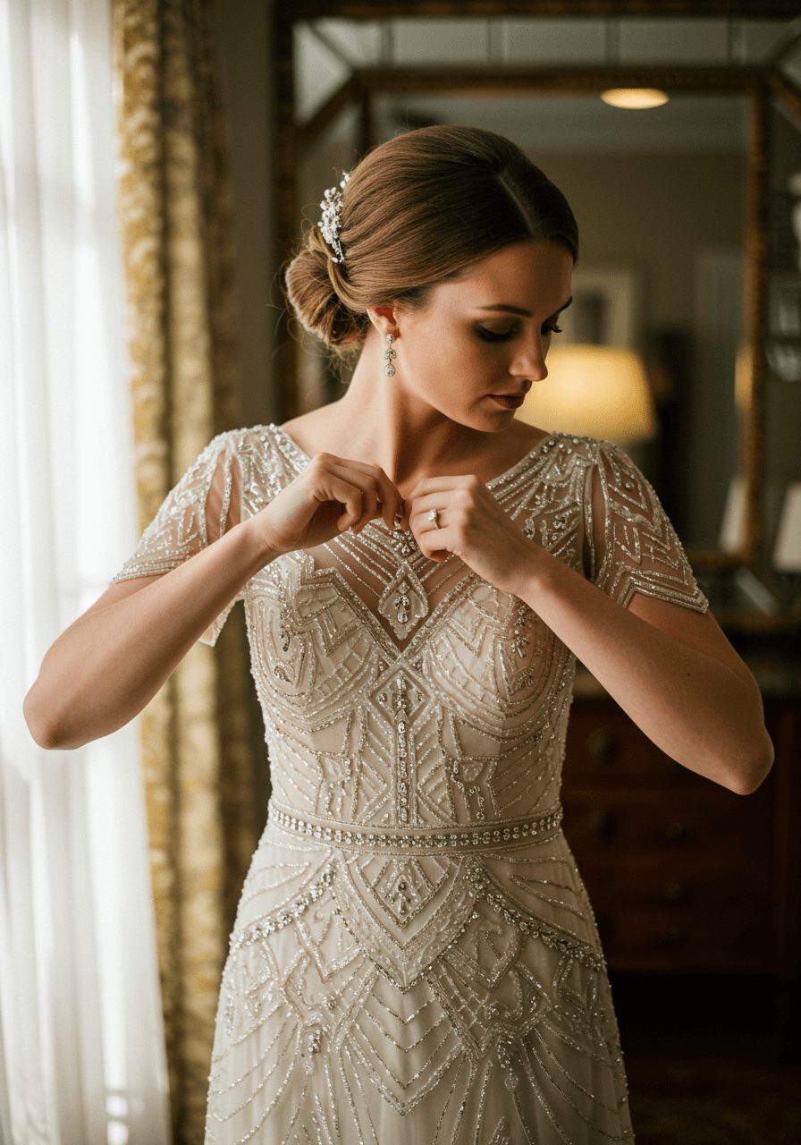 Bride adjusting beaded Art Deco wedding gown straps featuring zigzag and fan motifs in opulent 1920s bridal suite during golden hour