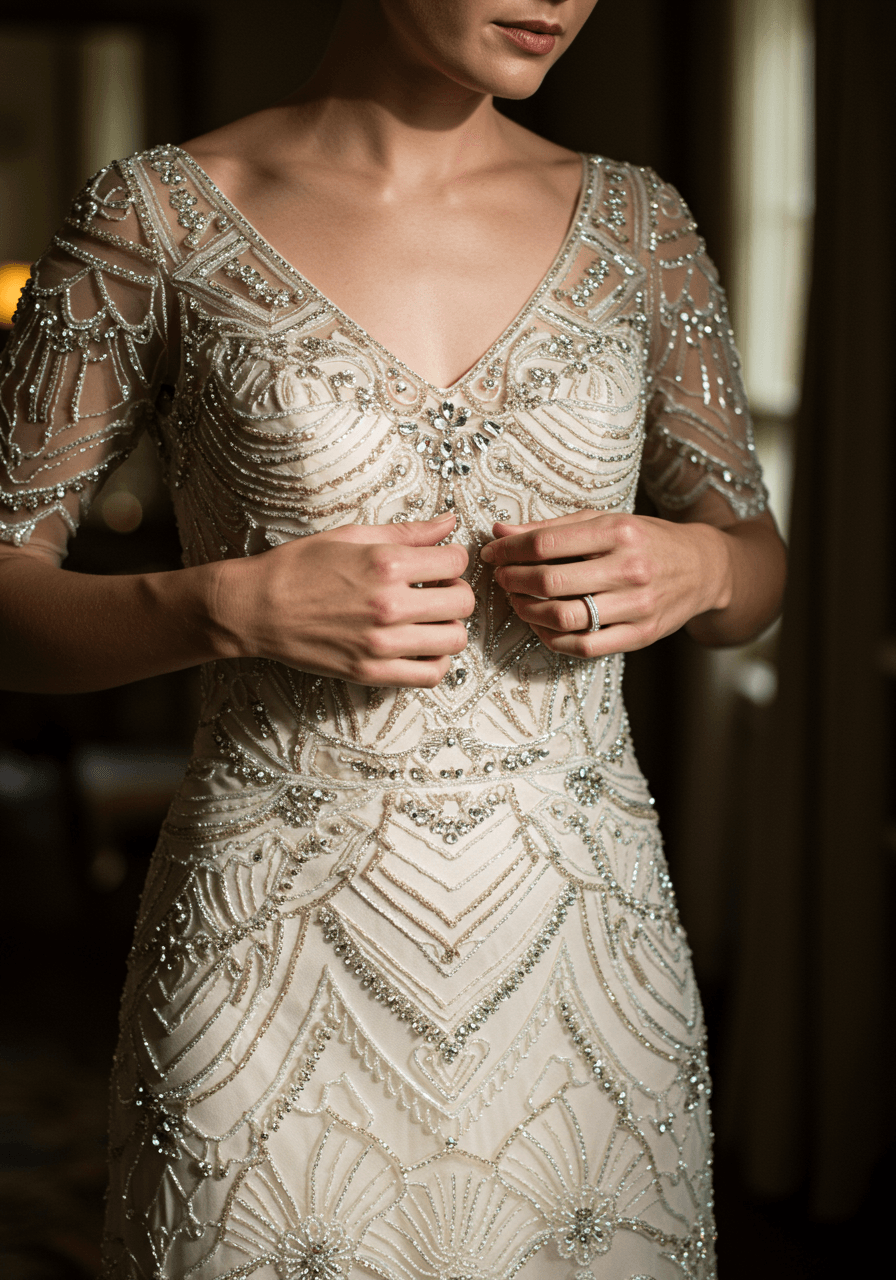 Bride showcasing Art Deco wedding gown with sunburst beadwork and intricate shoulder details in luxurious golden hour lighting