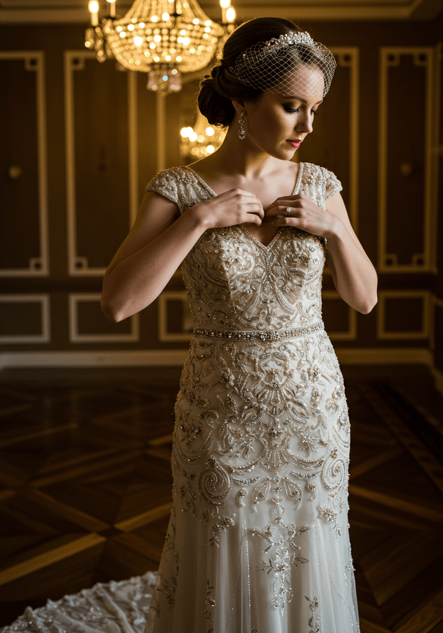 Bride in vintage-inspired sheath wedding dress with intricate silver and gold metallic beading in Art Deco grand room with crystal chandelier
