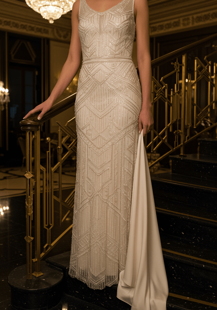 Modern bride in sequined Art Deco wedding dress with flowing fringe details standing in grand ballroom with crystal chandeliers
