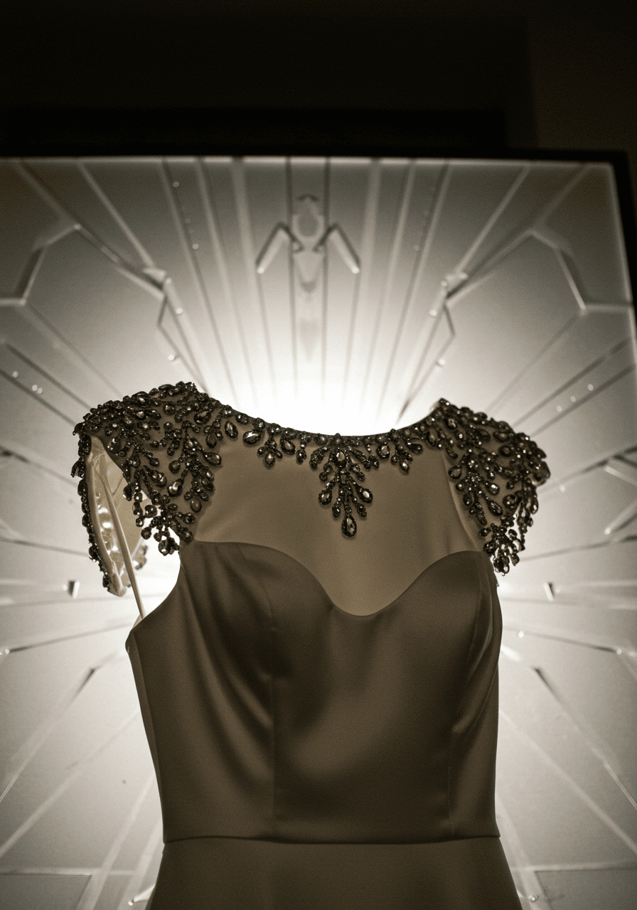 Close-up of Art Deco wedding dress showing geometric crystal formations on sharp shoulder pads and neckline against frosted glass panel