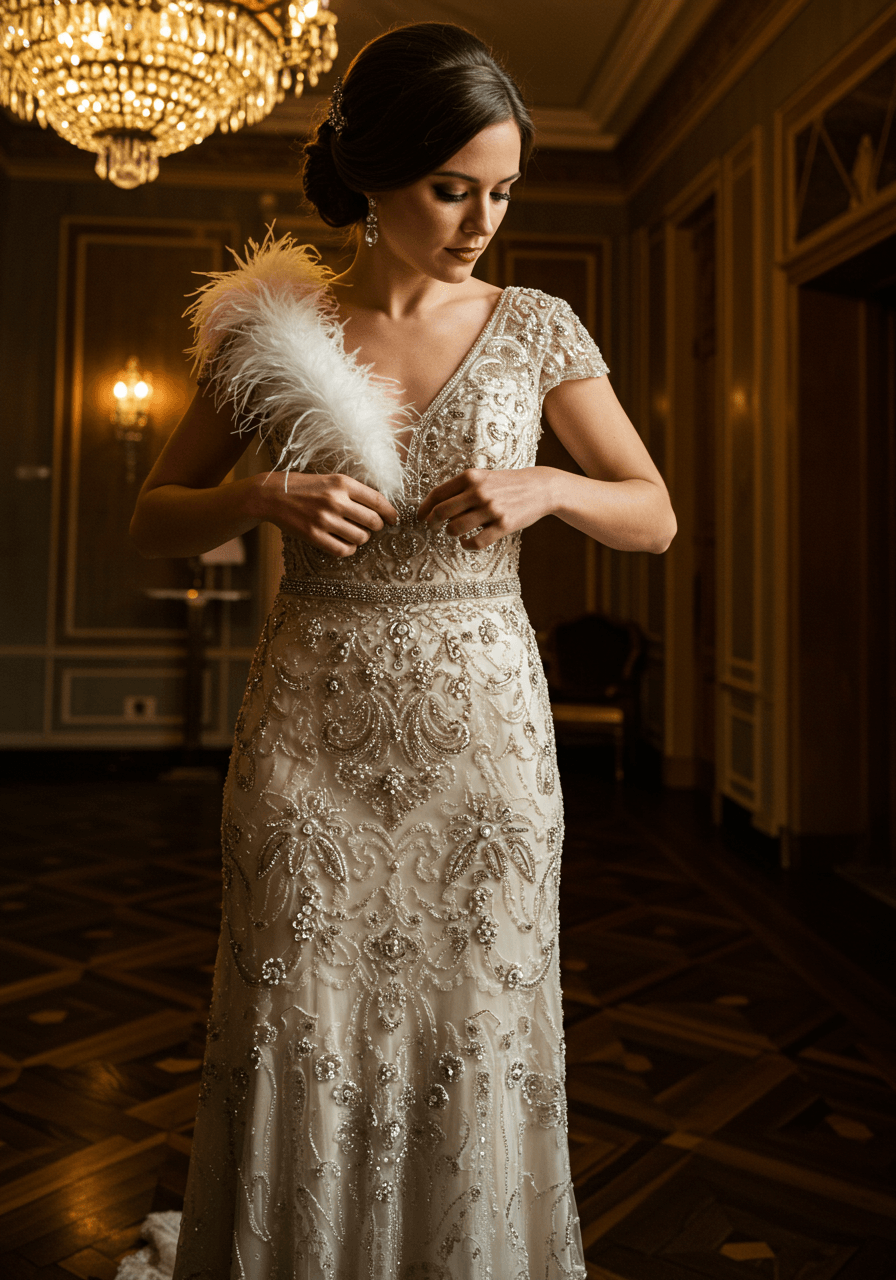Vintage-inspired bride in sheath wedding dress with silver and gold Art Deco beadwork in luxurious ballroom setting