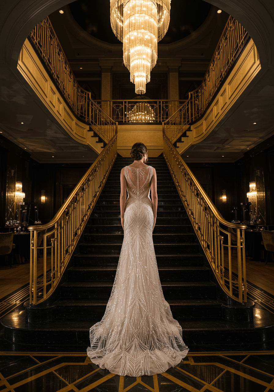 Modern bride joyfully twirling in heavily sequined gold and silver flapper-style wedding dress in lavish Art Deco ballroom