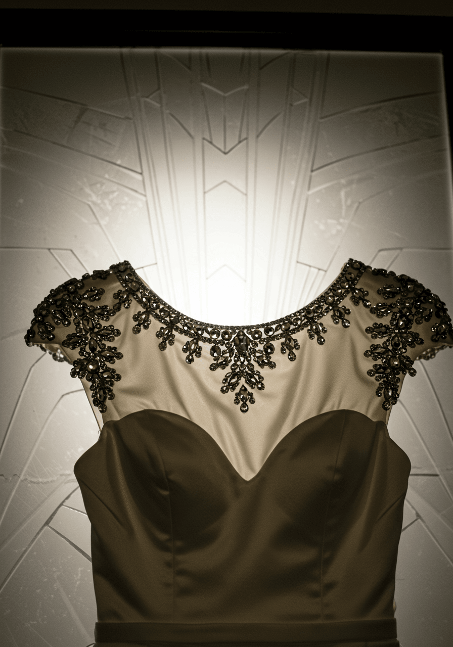 Upper portion of crystal-encrusted Art Deco wedding dress highlighting architectural shoulder details and neckline crystalline work