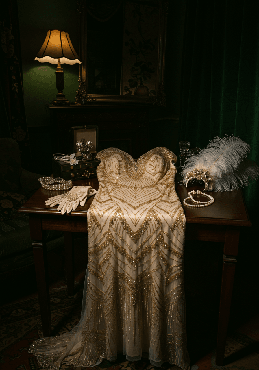 Detailed view of Art Deco wedding dress with intricate chevron embroidery alongside vintage pearl gloves and feathered headpiece