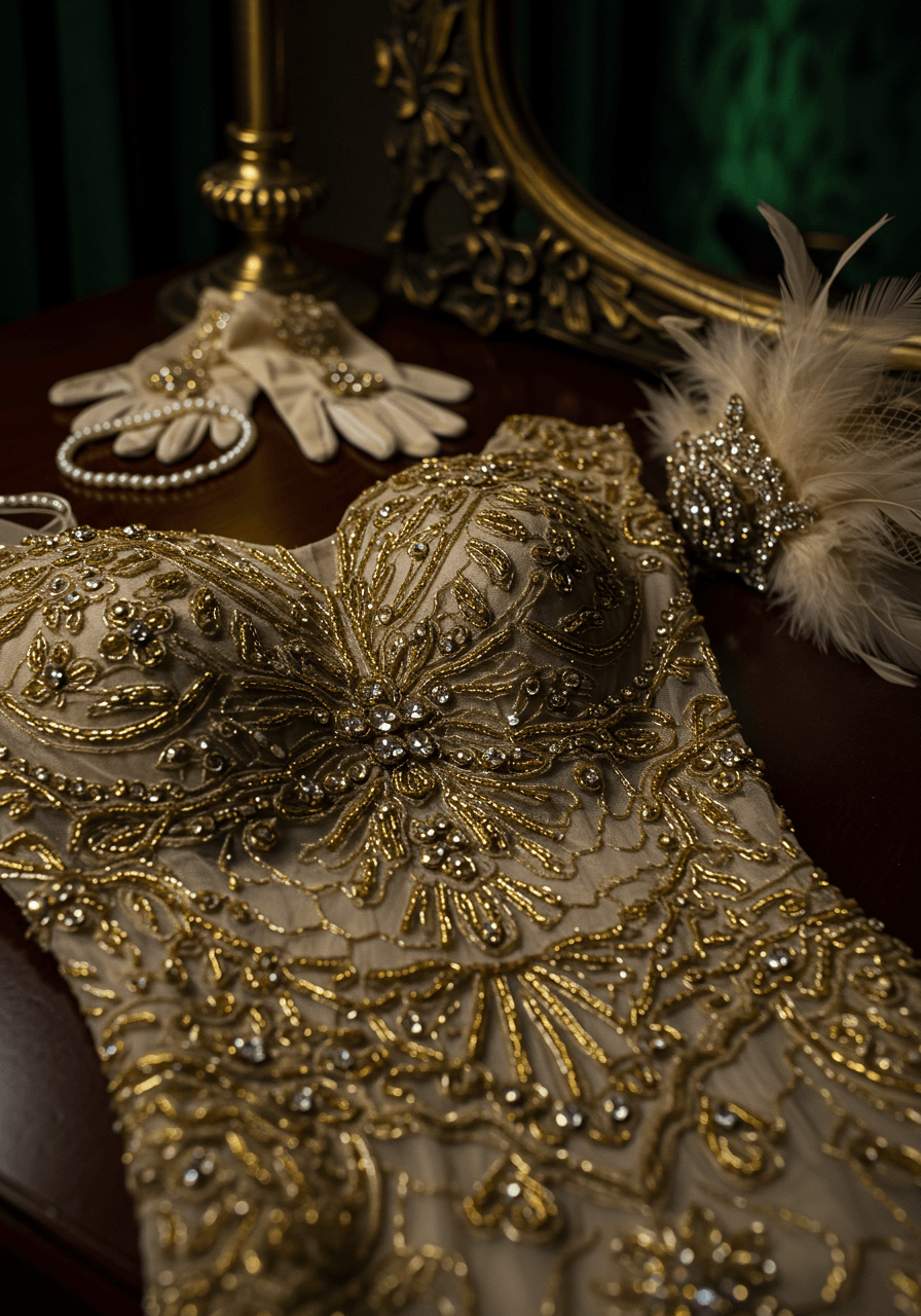 Close-up of Gatsby-style wedding dress with elaborate metallic embroidery and beading in intimate dressing room setting