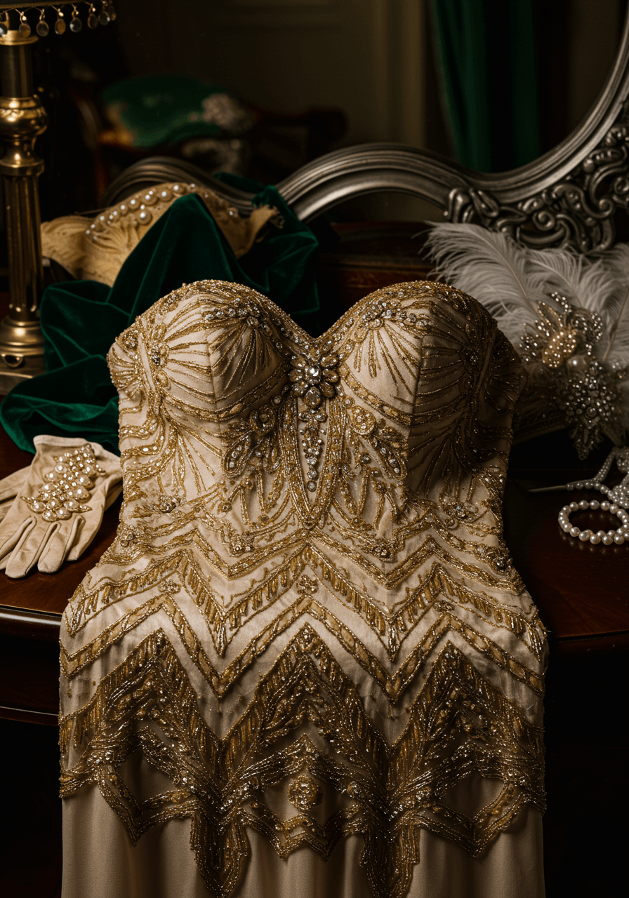 Close-up detail of Gatsby wedding dress bodice showing elaborate gold and silver sunburst embroidery on dark mahogany table