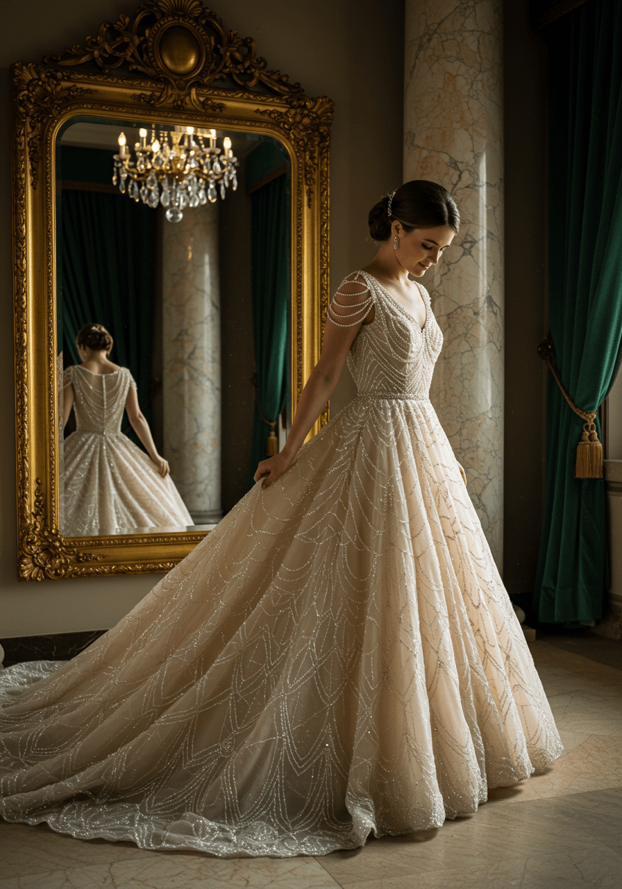 Bride showcasing vintage wedding gown with thousands of seed pearls and Art Deco silver threading in marble columned space