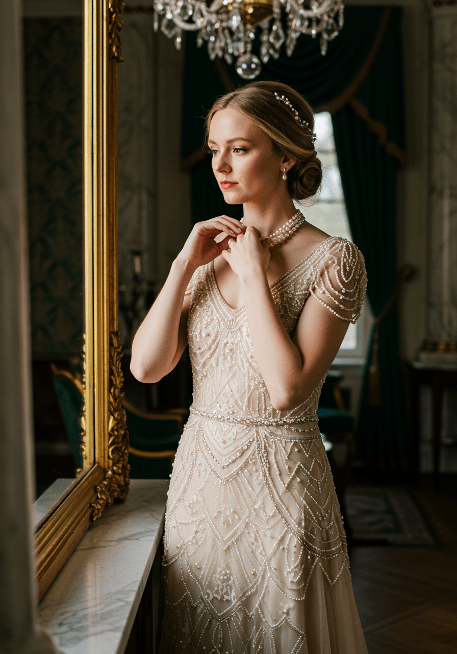 Bride adjusting pearl necklace wearing champagne vintage wedding gown with cascading pearl embellishments in 1920s bridal suite
