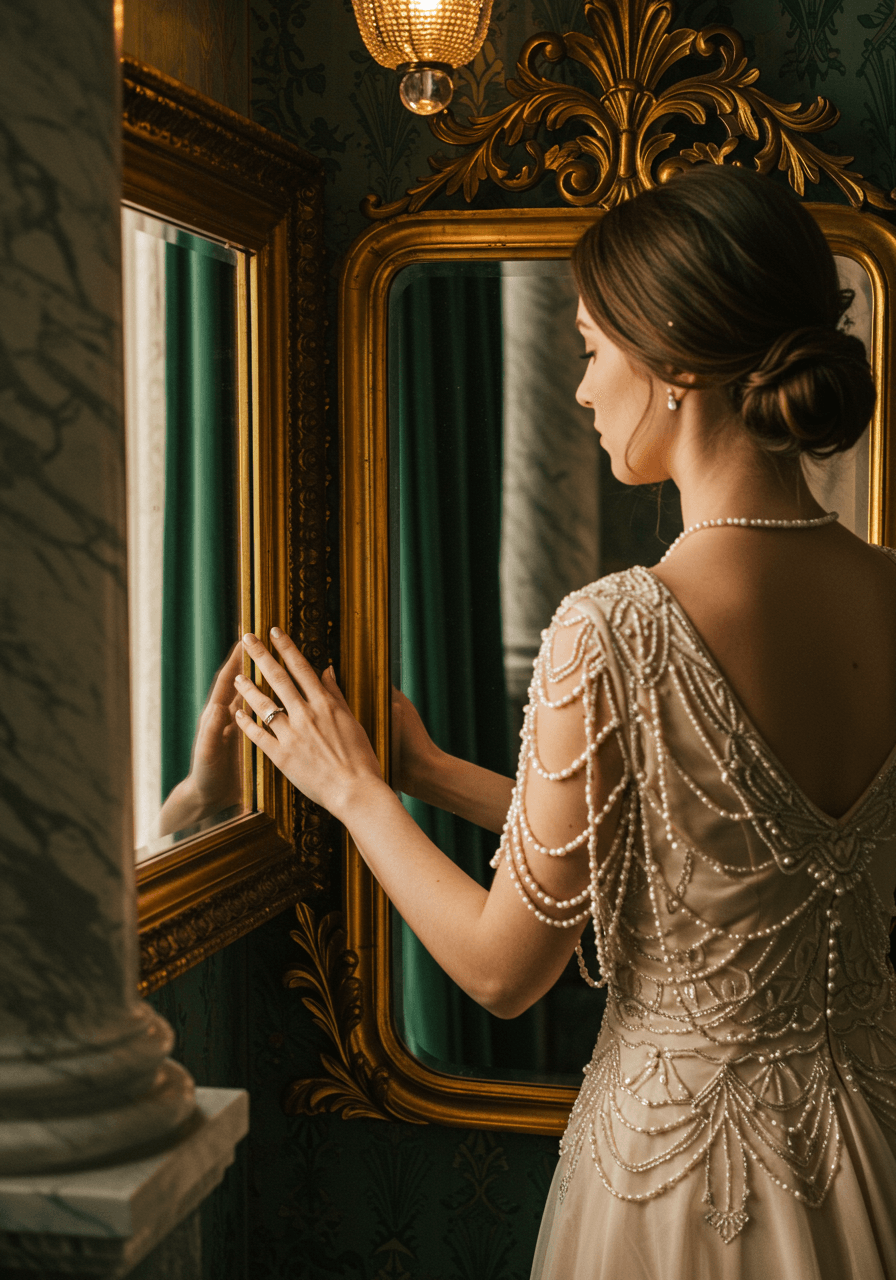 Bride in pearl-encrusted Art Deco wedding dress with geometric beadwork standing by gold-framed mirror in luxurious suite