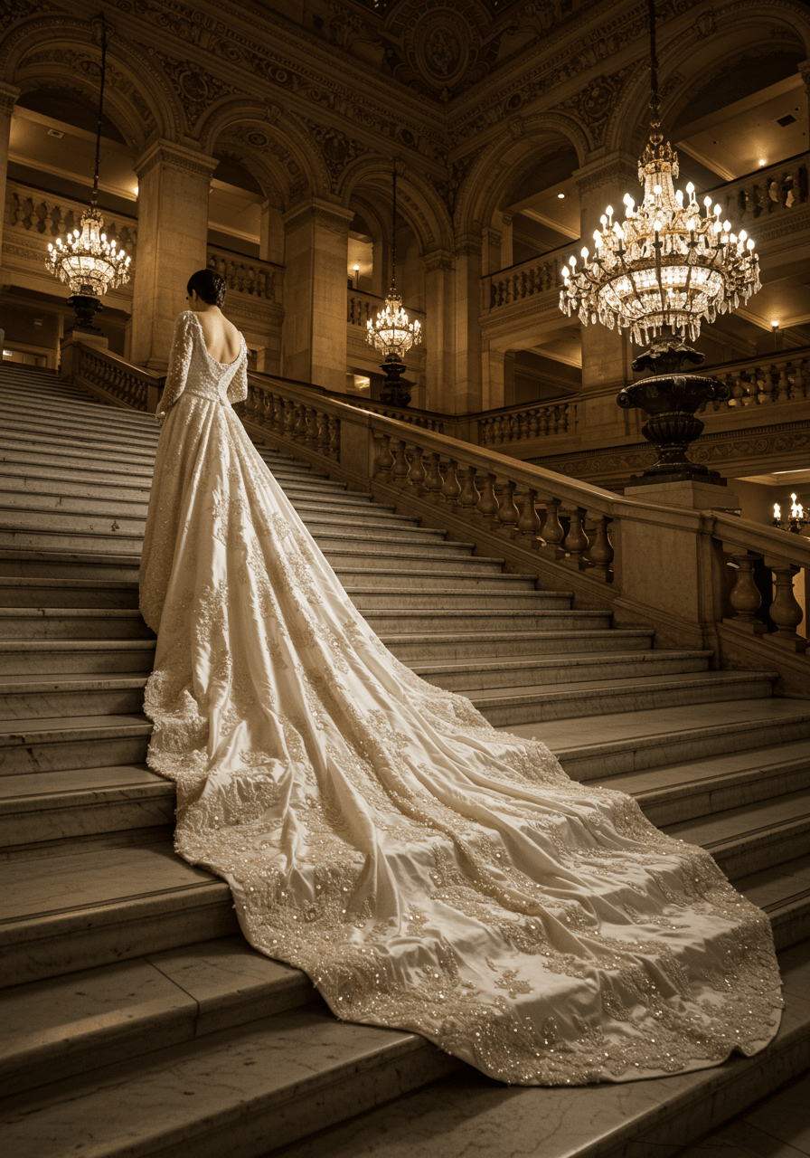 Detail of magnificent pearl-covered wedding gown train flowing down marble steps in theatrical lighting