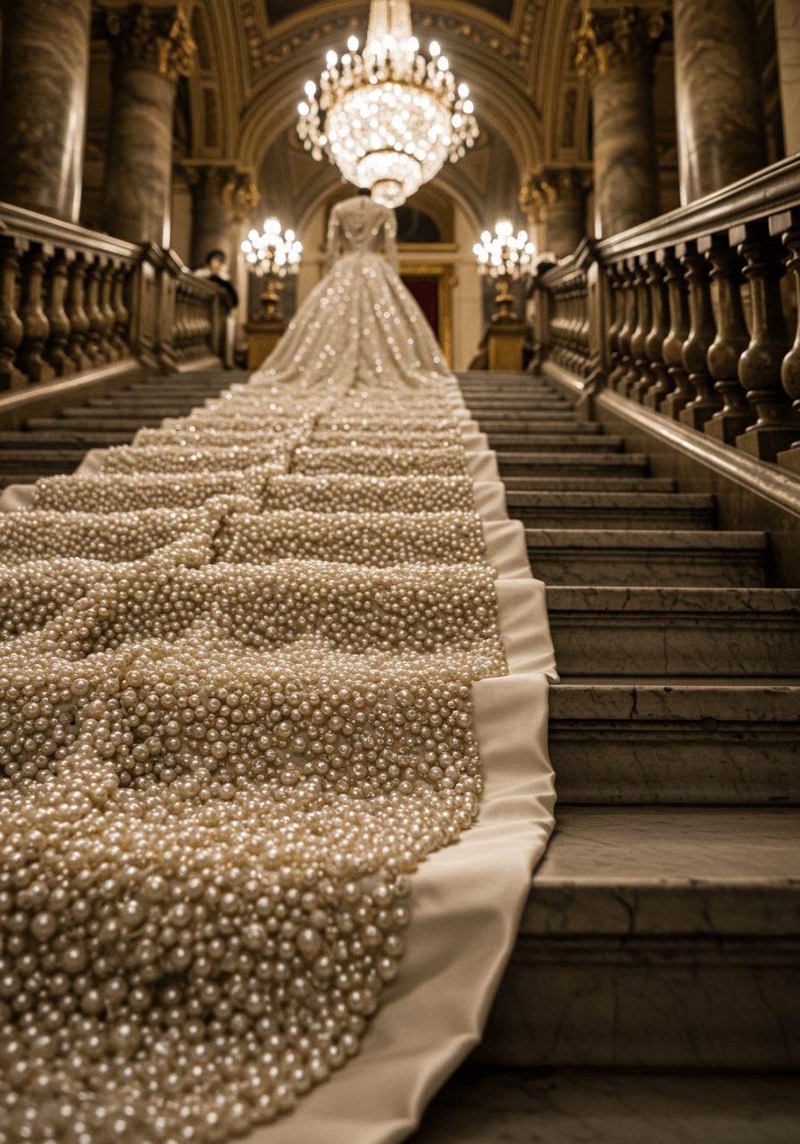 Flowing train of pearl-encrusted vintage wedding gown cascading down marble steps in grand opera house lobby