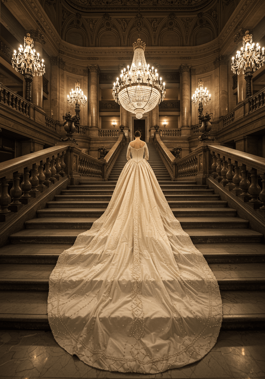 Pearl-encrusted wedding dress train displayed on marble staircase under crystal chandeliers in historic opera house