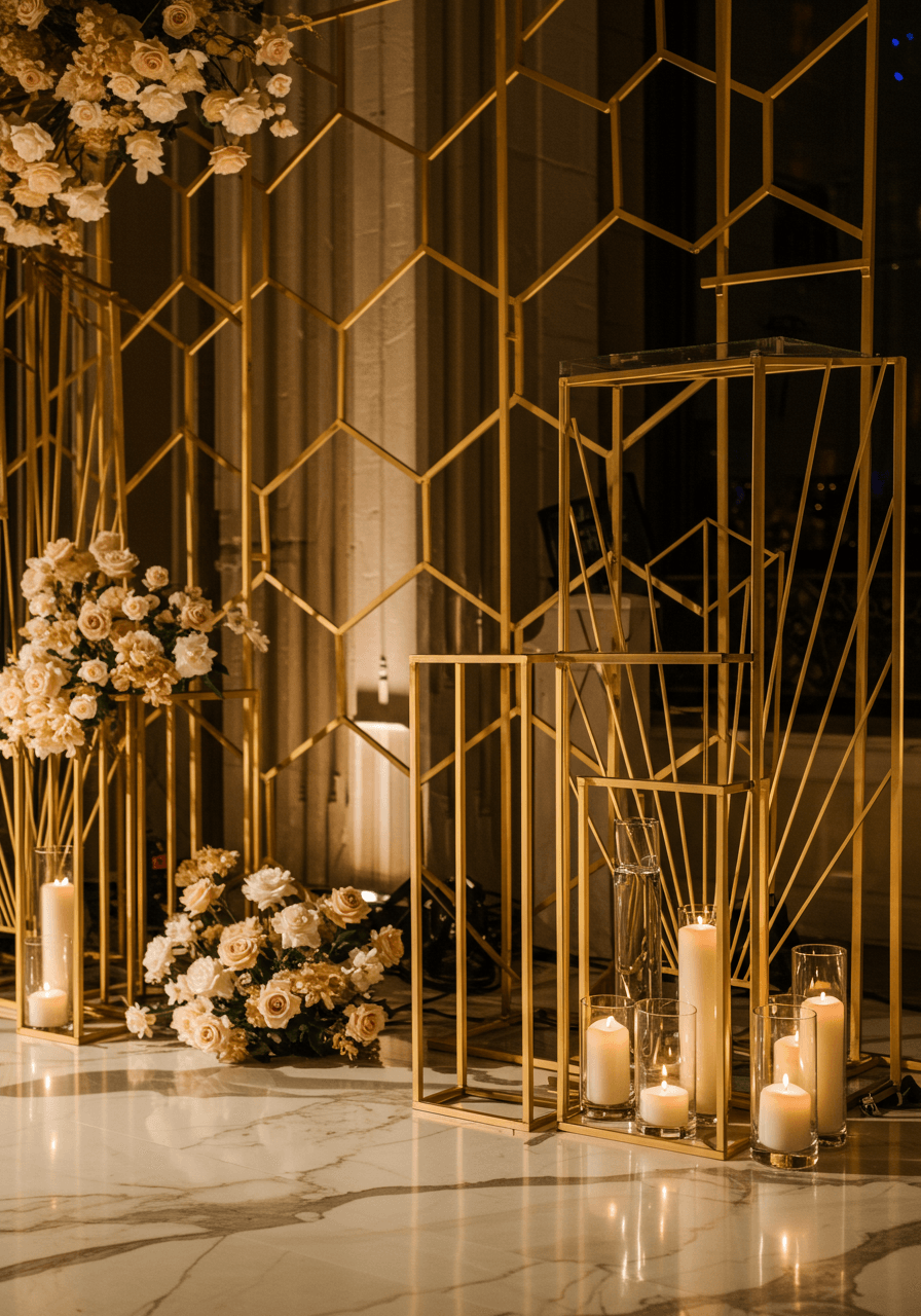 Geometric Art Deco inspired gold metal hexagonal backdrop structure with minimalist floral altar in elegant ballroom