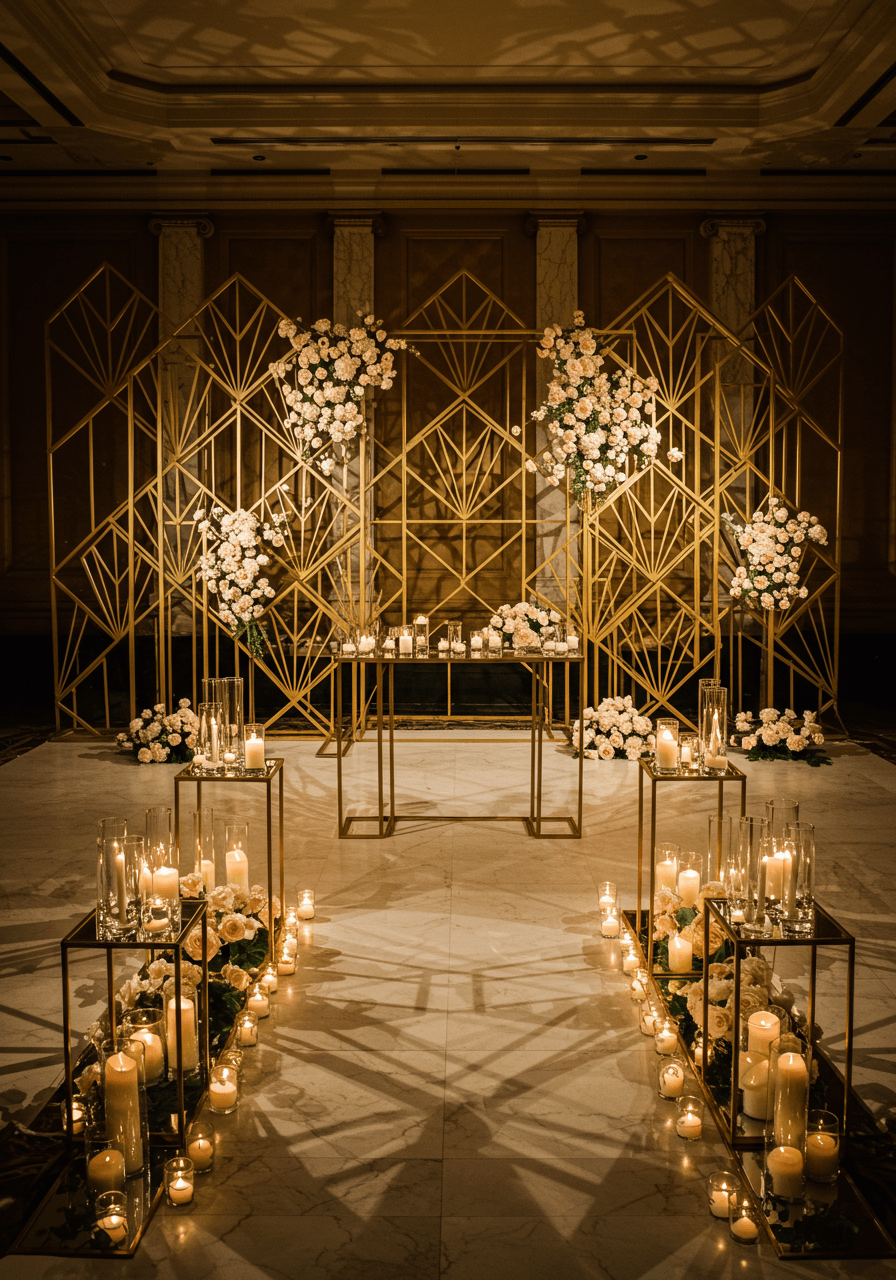 Wide angle of polished gold hexagonal ceremony backdrop with dramatic uplighting and cream roses in luxury venue