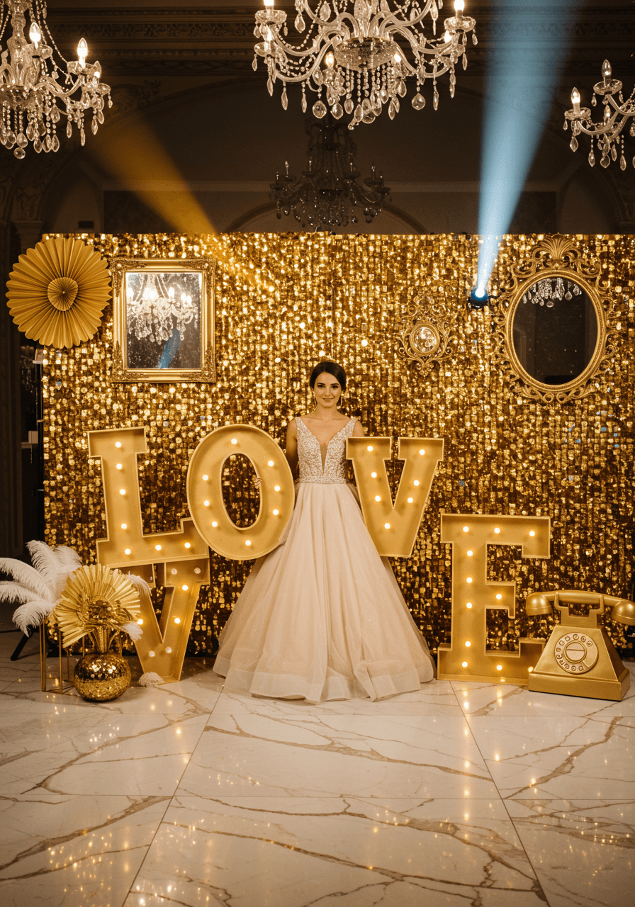 Bride in champagne gown posing with oversized glittering gold letter props and ornate mirrors against shimmering sequin backdrop in luxury ballroom
