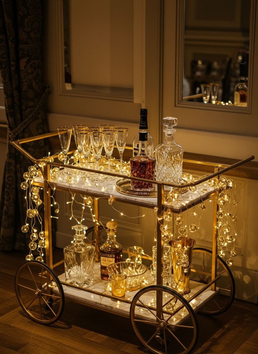 Elegantly styled gold bar cart adorned with cascading fairy lights champagne flutes and ornate gold-framed mirrors in sophisticated wedding venue