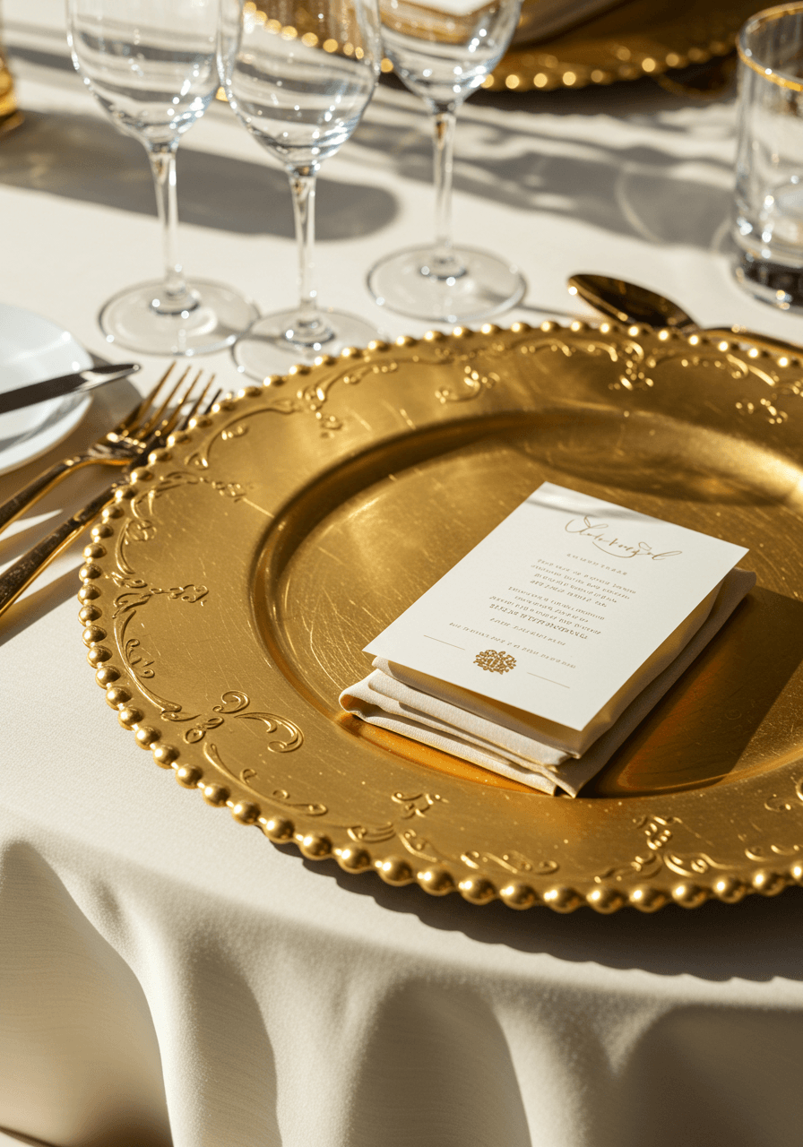 Overhead view of elaborate gold charger plate with ornate scrollwork and beaded edges set with bone china and gold flatware on cream silk tablecloth