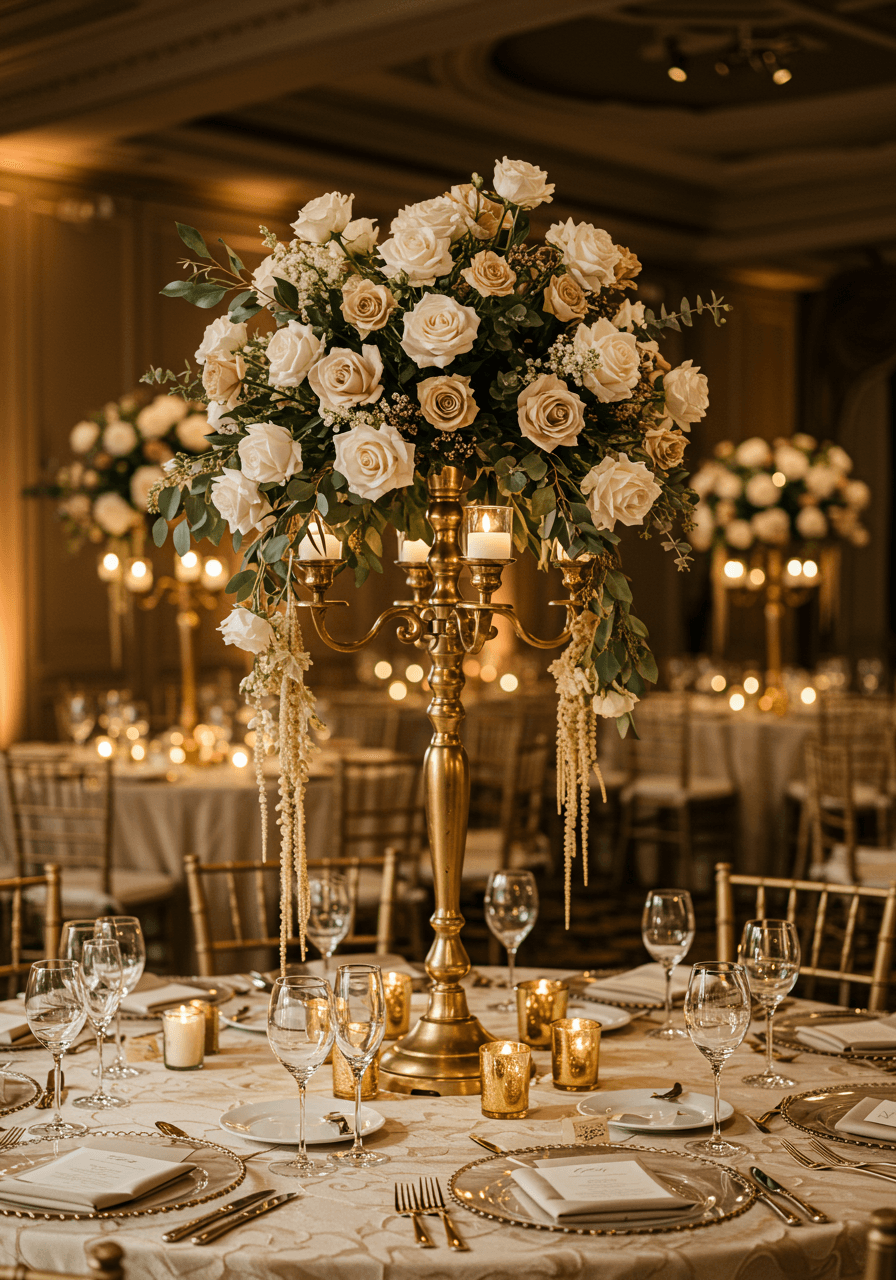 Elegant gilded candelabra centerpiece with ivory roses and cascading florals on luxurious ballroom reception table during golden hour