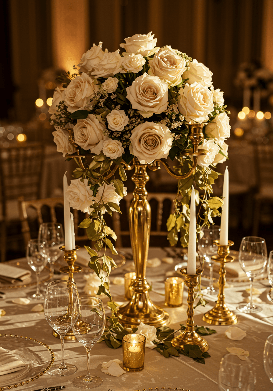 Close-up of ornate gold geometric centerpiece vessel with white orchids and metallic accents on marble reception table