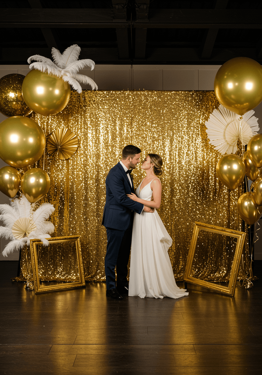 Bride and groom posing playfully in front of elaborate gold sequined backdrop with oversized metallic balloons and white feather props in elegant venue