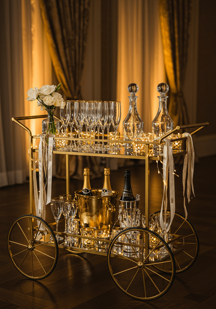 Luxurious gold-accented bar cart with champagne flutes gold-rimmed glassware and sparkling decorative elements in elegant wedding reception venue