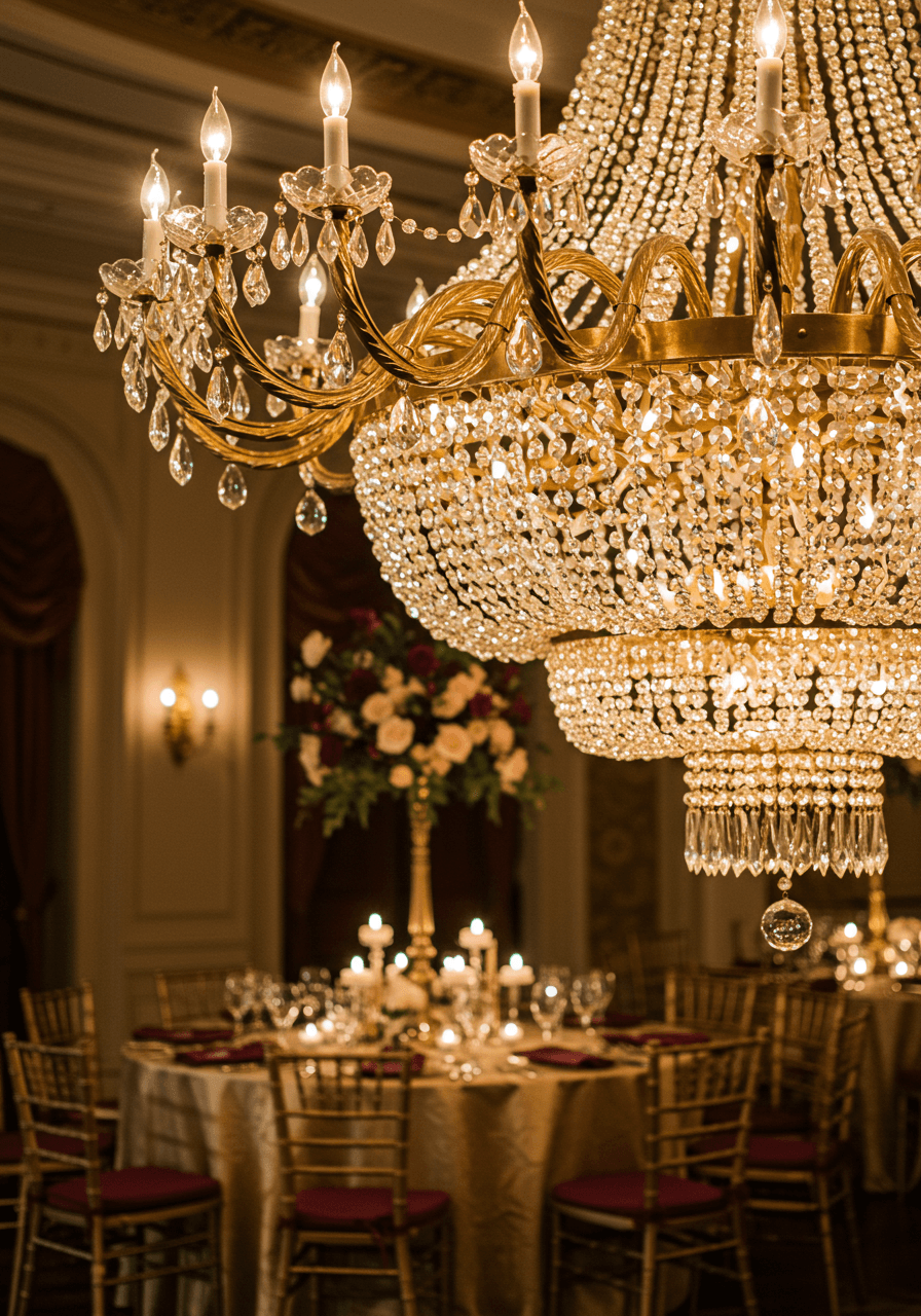 Dramatic close-up of sparkling Austrian crystals and gold leaf finish on ornate wedding chandelier with uplighting reflections