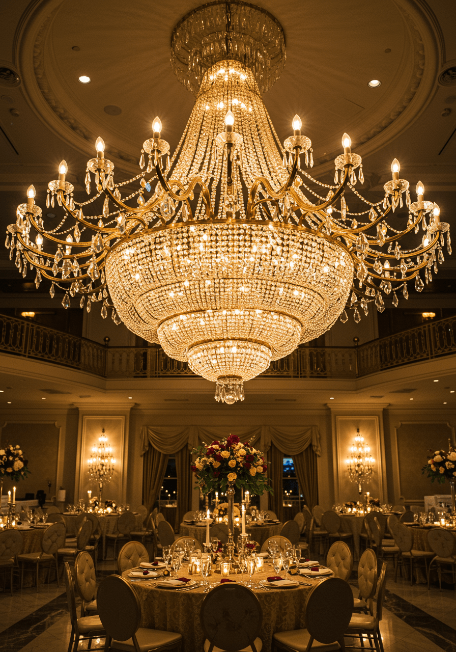 Magnificent gold and crystal chandelier with cascading tiers suspended above elegant wedding reception table in luxurious ballroom at evening