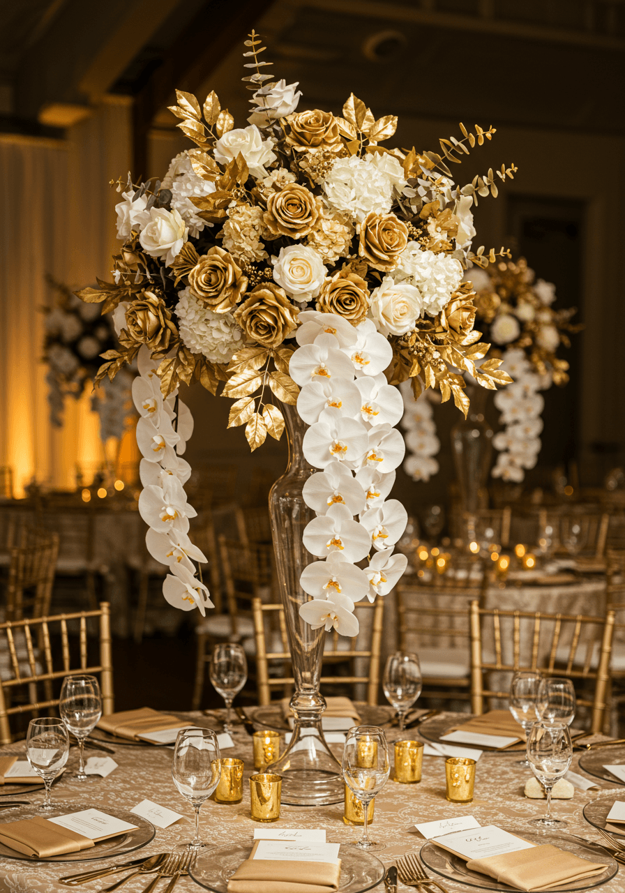 Stunning tall crystal vase filled with cascading white orchids golden roses and eucalyptus on elegant reception table at golden hour