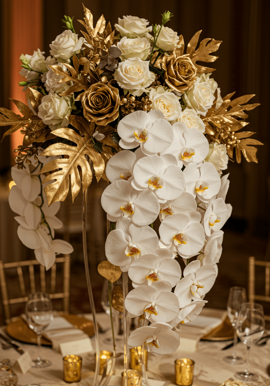 Macro close-up of gold spray-painted rose petals and orchid blooms in luxury wedding centerpiece
