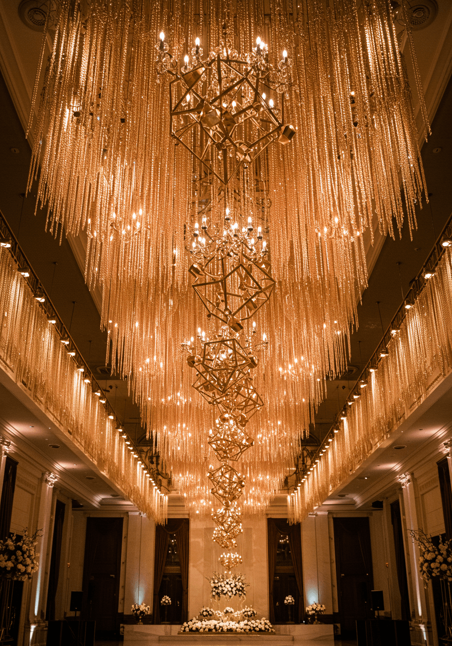 Dramatic gold hanging installation with cascading metallic chains and geometric crystal pendants suspended from elegant ballroom ceiling